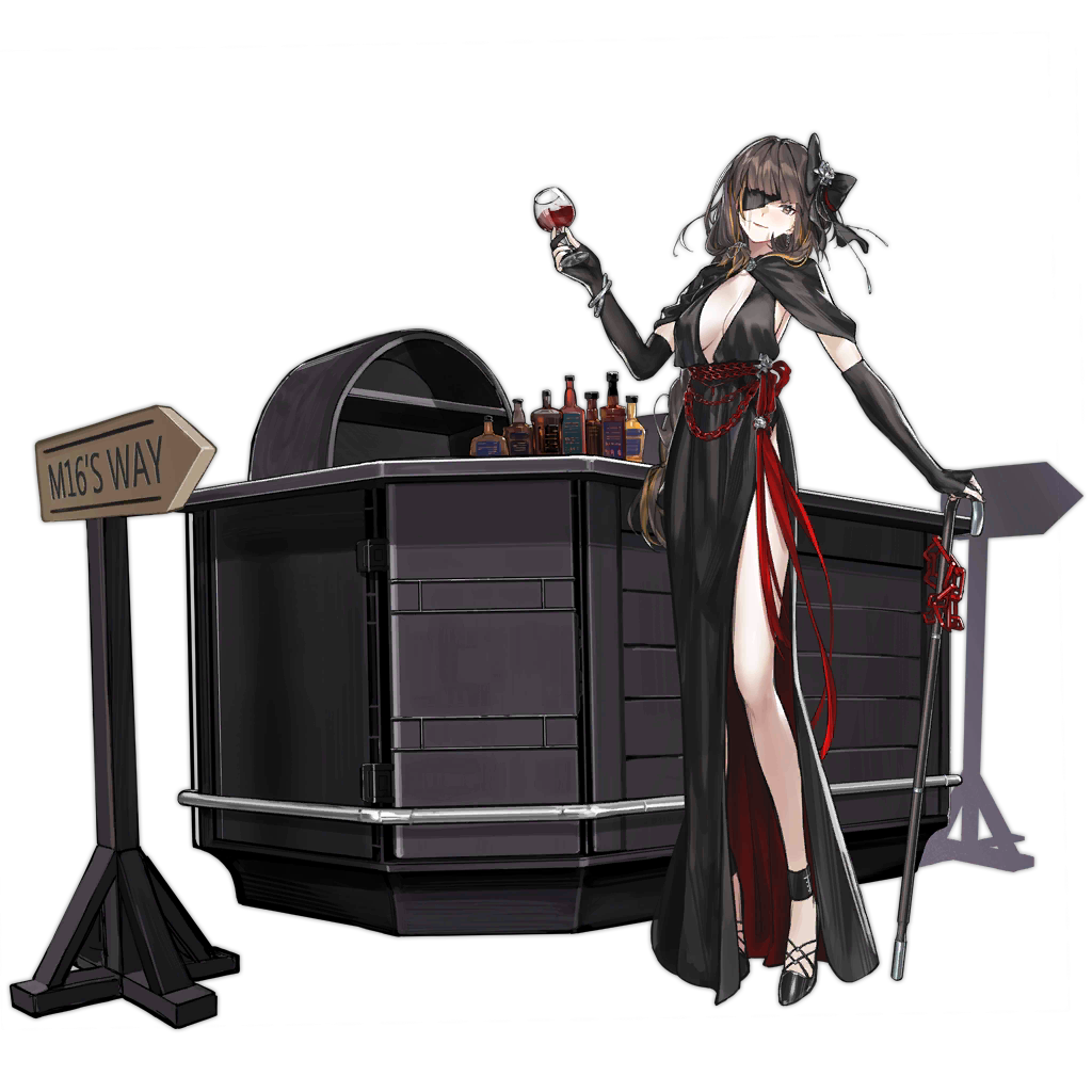 1girl alternate_costume black_dress black_gloves bow bracelet braid breasts brown_eyes brown_hair cane cleavage closed_mouth cup dress drinking_glass elbow_gloves eyepatch full_body girls_frontline gloves hair_bow head_tilt jewelry long_hair looking_at_viewer m16a1_(girls_frontline) medium_breasts mole mole_under_eye multicolored_hair nishiro_ryoujin official_art partly_fingerless_gloves scar scar_across_eye side_slit single_braid smile solo standing streaked_hair transparent_background v-neck wine_glass