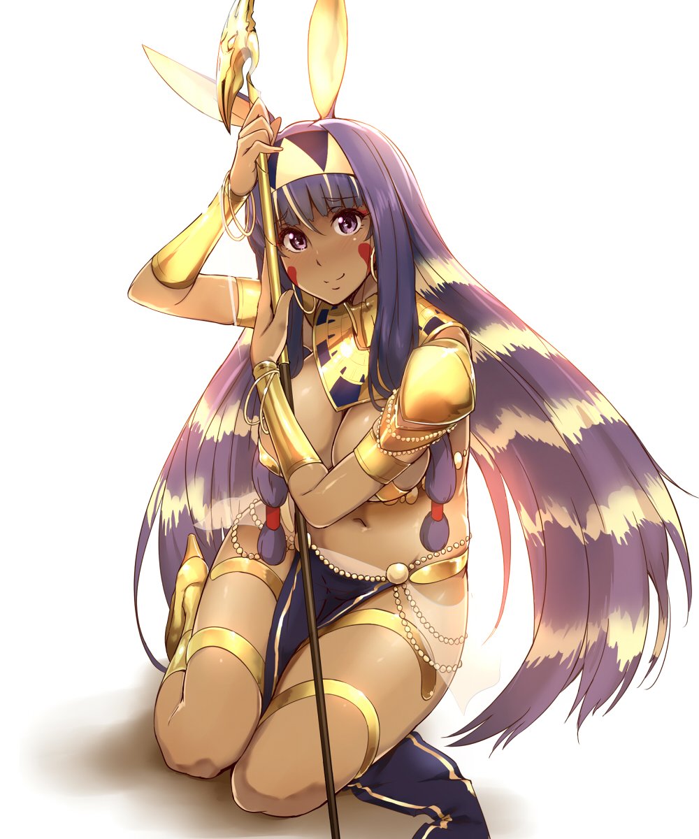 accessory animal_humanoid armlet blonde_hair clothing egyptian fate_(series) footwear gold_(metal) gold_jewelry hair hair_accessory hairband hi_res high_heels holding_object holding_staff humanoid jewelry kneeling lagomorph lagomorph_humanoid leporid_humanoid loincloth long_hair mammal mammal_humanoid midriff multicolored_hair navel nitocris_(fate/grand_order) purple_hair rabbit_humanoid shoes simple_background solo staff striped_hair tan_body tan_skin tokiwa_midori two_tone_hair white_background