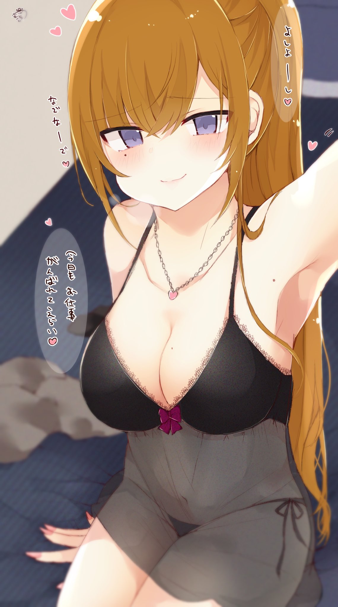 1girl arm_up armpits babydoll bare_shoulders black_panties blue_eyes blurry breasts breath brown_hair cleavage closed_mouth collarbone depth_of_field highres jewelry lace_trim long_hair looking_at_viewer medium_breasts mole mole_on_armpits mole_under_eye muuran navel necklace original panties ponytail see-through sidelocks sitting smile solo spaghetti_strap speech_bubble string_panties thighs translation_request underwear