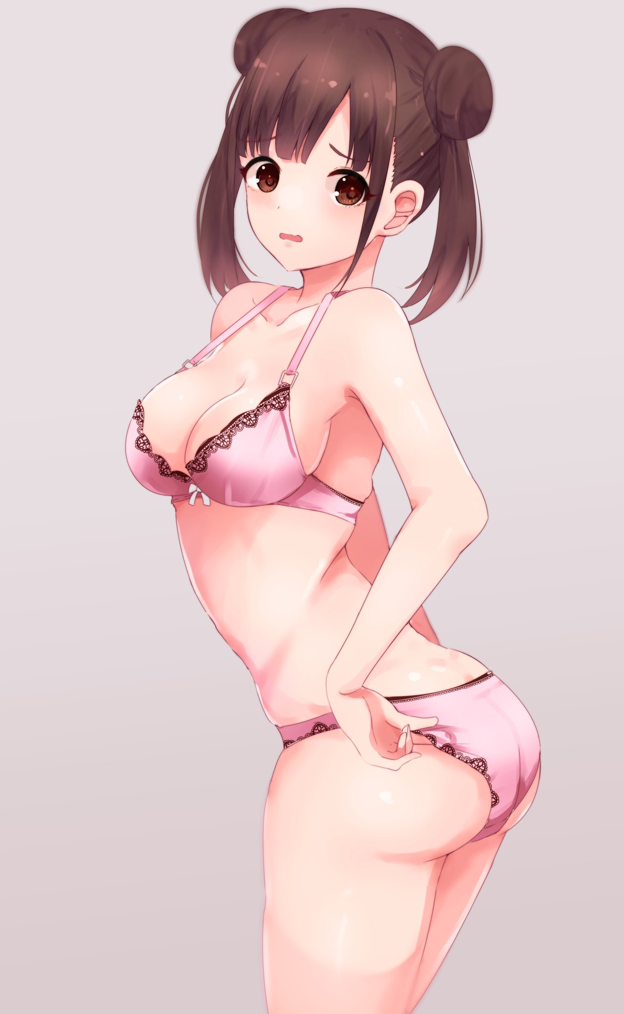 1girl :0 adjusting_clothes adjusting_panties ass bangs bare_arms bare_legs blunt_bangs blush bow bow_bra bra breasts brown_eyes brown_hair cleavage collarbone double_bun grey_background highres idolmaster idolmaster_shiny_colors lace lace-trimmed_bra lace-trimmed_panties looking_at_viewer looking_back medium_breasts open_mouth panties pink_bra pink_panties ryuu. sideboob sidelocks simple_background solo sonoda_chiyoko underwear underwear_only white_bow
