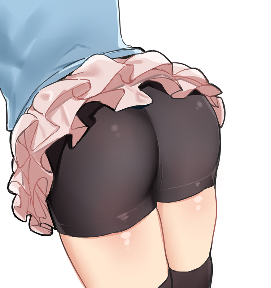 1girl ass bike_shorts black_legwear black_shorts blue_shirt idolmaster idolmaster_cinderella_girls miniskirt o.m pink_skirt sasaki_chie shirt short_shorts shorts simple_background skirt skirt_lift solo thighhighs thighs white_background