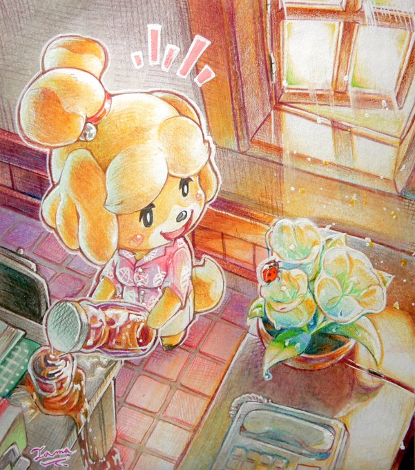 2020 animal_crossing anthro arthropod beetle bell beverage blush bottomwear canid canine canis clothing crayon_(artwork) cucujoid day detailed_background dipstick_tail domestic_dog dress_shirt female flower fur high-angle_view insect inside isabelle_(animal_crossing) ladybug mammal multicolored_tail nintendo perspective phone plant shih_tzu shirt signature simple_eyes skirt solo tamanosuke topwear toy_dog traditional_media_(artwork) video_games window yellow_body yellow_fur