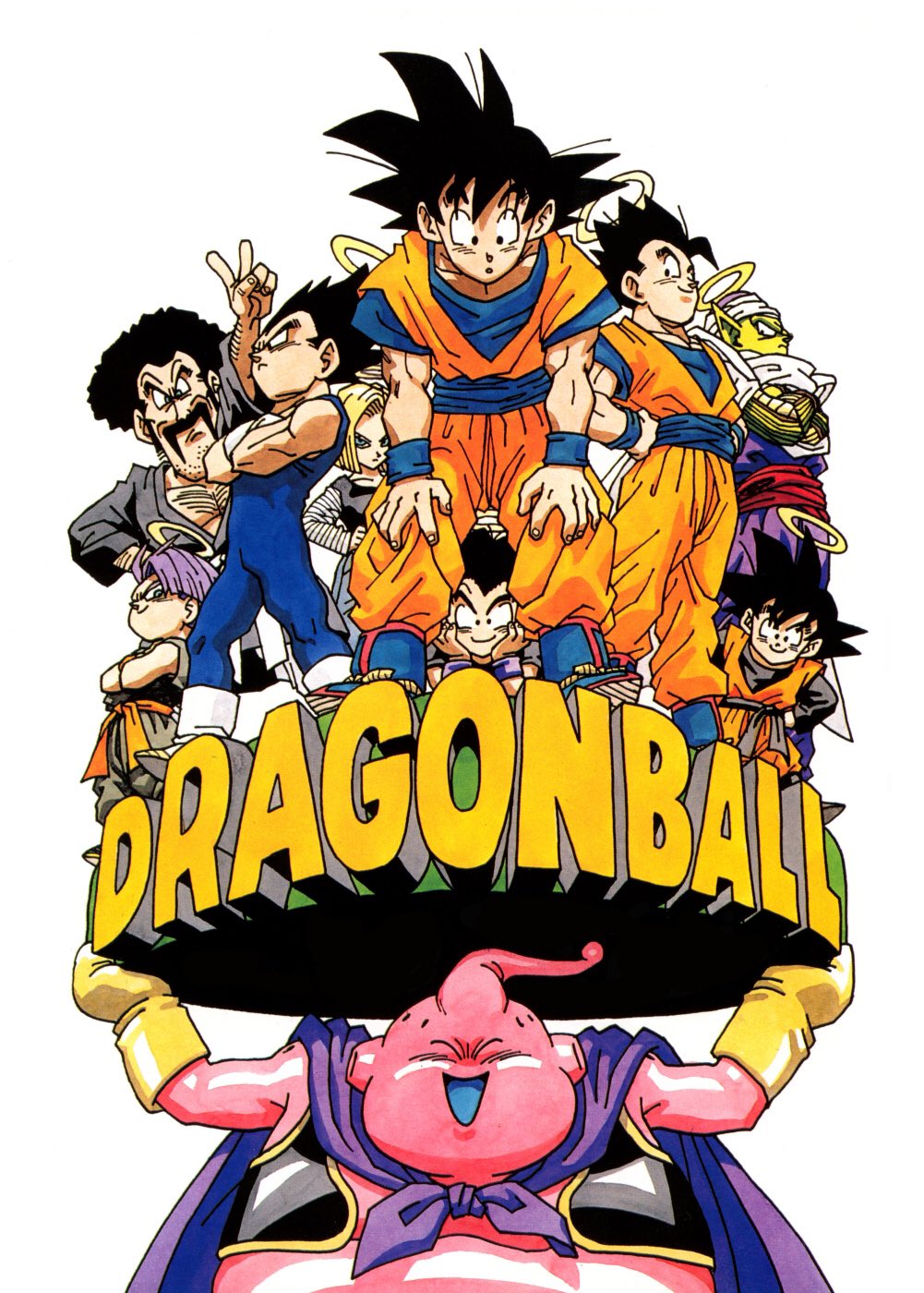 1girl 6+boys :d :o ^_^ afro android_18 arm_hair bangs black_eyes black_hair blonde_hair blue_eyes blue_footwear boots brothers cape chest chest_hair chin_rest closed_eyes commentary copyright_name crossed_arms curious dot_nose dragon_ball dragon_ball_z expressionless facial_hair father_and_son fingernails full_body gloves grin halo hand_on_hip hands_on_hips hands_on_own_cheeks hands_on_own_face hands_on_own_knees happy highres holding kuririn leaning leaning_forward leaning_to_the_side legs_apart long_sleeves looking_at_viewer looking_down lying majin_buu mr._satan multiple_boys muscle mustache official_art on_stomach open_mouth piccolo pointy_ears purple_cape purple_eyes serious shiny shiny_skin shirt short_hair siblings simple_background smile son_gohan son_gokuu son_goten spiked_hair standing striped striped_shirt toriyama_akira trunks_(dragon_ball) turban upper_teeth v vegeta waistcoat white_background white_footwear wristband yellow_gloves