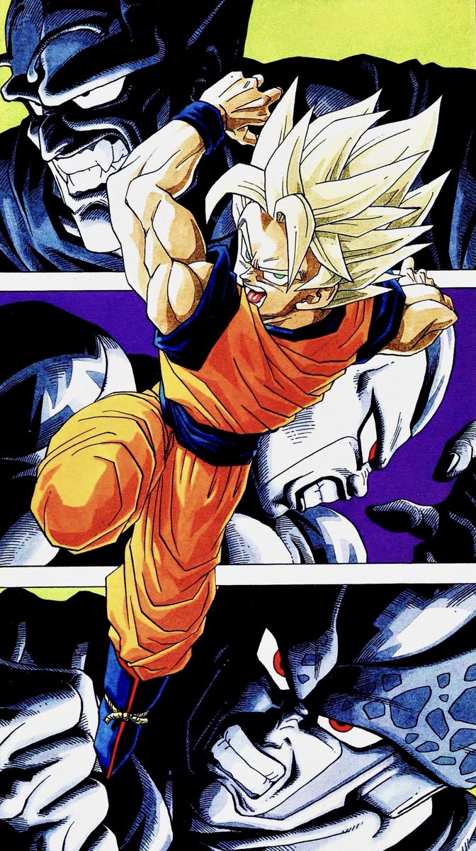 4boys angry antennae arms_up blonde_hair blue_footwear blue_theme boots cell_(dragon_ball) clenched_hand clenched_teeth dougi dragon_ball dragon_ball_(classic) dragon_ball_z fighting_stance fingernails floating frieza frown full_body green_background green_eyes hand_up highres leg_up looking_afar looking_at_viewer monochrome multiple_boys muscle official_art open_mouth paneled_background panels perfect_cell piccolo_daimaou pointy_ears profile red_eyes sharp_teeth son_gokuu spiked_hair super_saiyan teeth toriyama_akira wristband