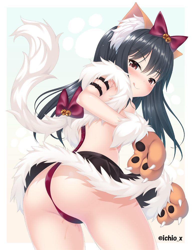 1girl adachi_tenka ass bangs bare_shoulders bell black_hair black_skirt blush bow breasts cat_tail chloe_von_einzbern chloe_von_einzbern_(cosplay) cosplay fate/kaleid_liner_prisma_illya fate_(series) fur_trim gloves hair_bow ichio jingle_bell licking_lips long_hair looking_at_viewer looking_back miniskirt paw_gloves paws red_bow red_eyes shoujo_ramune skirt small_breasts smile tail thighs tongue tongue_out