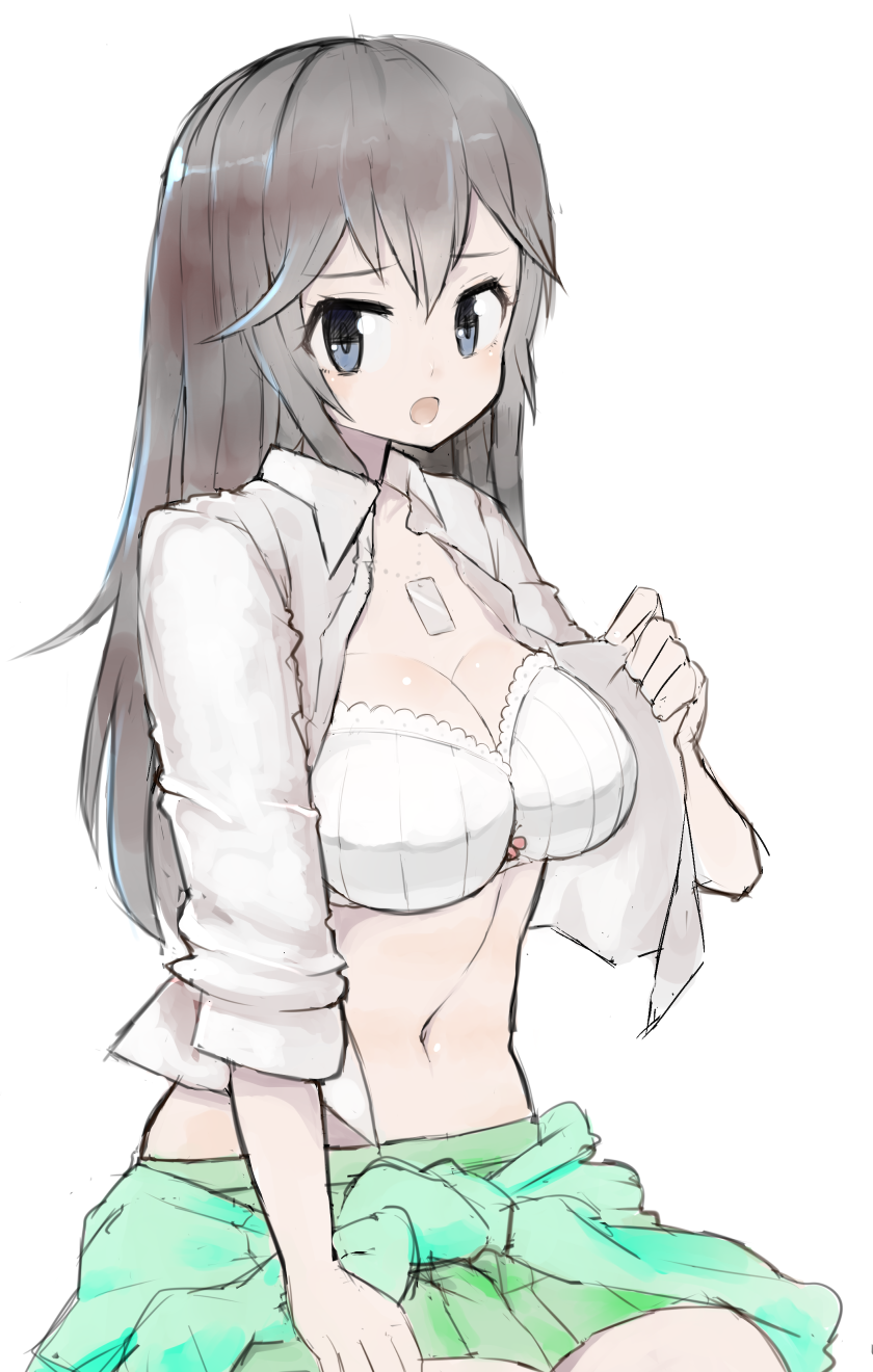 1girl blue_eyes bra breasts brown_hair cleavage clothes_around_waist collared_shirt dog_tags green_jacket green_skirt highres jacket jacket_around_waist kyoudou_maya large_breasts long_hair long_sleeves navel nijitama_shiyushiyu open_clothes open_mouth open_shirt pleated_skirt sabagebu! shirt skirt solo underwear white_bra white_shirt wing_collar