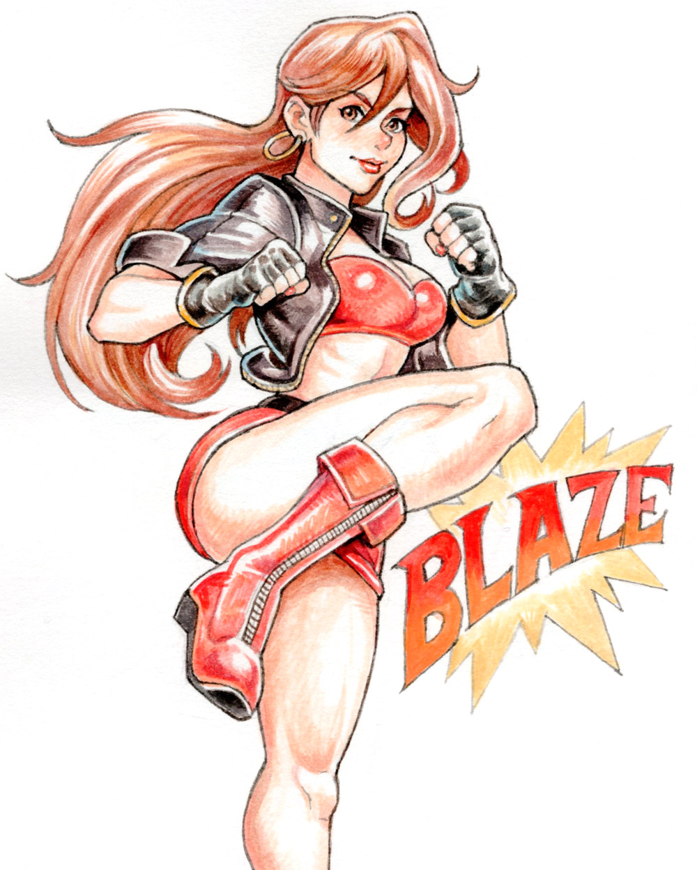 1girl bandeau bare_knuckle black_gloves black_jacket blaze_fielding boots bra breasts brown_eyes brown_hair character_name clenched_hands earrings fighting_stance fingerless_gloves gloves highres hoop_earrings jacket jewelry leather leather_jacket lips lipstick long_legs looking_at_viewer makeup maou_alba medium_breasts midriff miniskirt nail_polish open_clothes open_jacket red_footwear red_skirt skirt sleeves_pushed_up solo standing standing_on_one_leg strapless strapless_bra underwear zipper_footwear