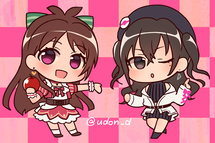 2girls :o artist_name badge bangs bare_shoulders beret black_headwear bow brown_hair button_badge checkered checkered_background chibi choker coat commentary_request crop_top crossed_bangs disconnected_mouth doseki_udon dress dress_bow earrings eyebrows_visible_through_hair food frilled_cuffs frilled_dress frilled_skirt frills fruit green_bow hair_bow hat heart heart_earrings holding holding_food holding_fruit idolmaster idolmaster_cinderella_girls jewelry knit_skirt looking_at_viewer miniskirt mole mole_under_eye multicolored multicolored_background multicolored_hair multiple_girls no_pupils off_shoulder one_eye_closed outstretched_arm outstretched_hand pink_background pointing pointing_up puffy_short_sleeves puffy_sleeves red_bow red_choker ribbed_skirt ribbed_sweater shiny shiny_hair short_sleeves sidelocks simple_background skirt striped striped_bow sunazuka_akira sweater triangle_earrings tsujino_akari turtleneck turtleneck_sweater twitter_username two-tone_background two-tone_hair underbust v-shaped_eyebrows wrist_cuffs