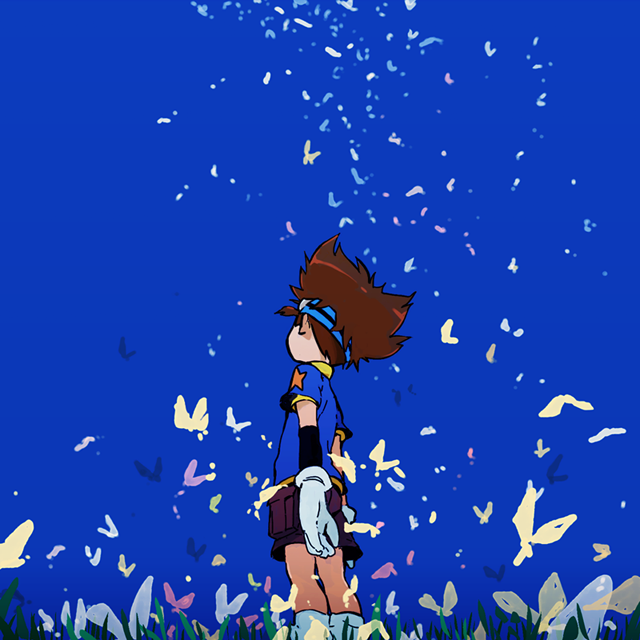 1boy arm_warmers blue_butterfly blue_shirt blue_sky brown_hair brown_shorts bug butterfly digimon digimon_adventure from_behind from_below gloves goggles goggles_on_head grass insect looking_up male_focus pink_butterfly shirt short_sleeves shorts sky socks solo spiked_hair standing star_(symbol) star_print uki_atsuya white_gloves white_legwear yagami_taichi yellow_butterfly