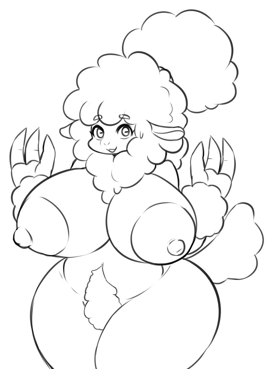 anthro big_breasts bodily_fluids bovid breasts caprine female hi_res hooves horizontal_pupils la_sso looking_at_viewer mammal mature_female monochrome mother parent pupils sheep sheep_mom smile solo standing sweat thick_thighs tumblr wide_hips wool_(disambiguation)