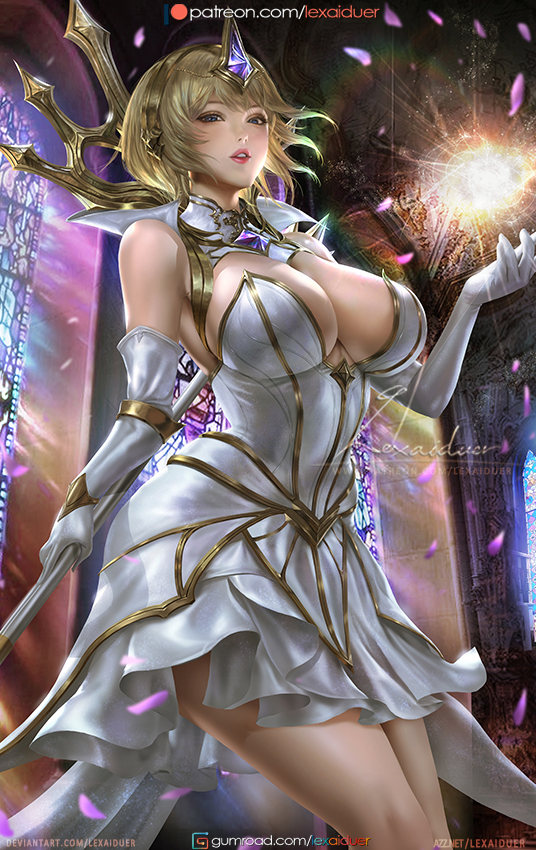 blonde_hair blue_eyes breasts cleavage dress elbow_gloves elementalist_lux gloves large_breasts league_of_legends lexaiduer light_elementalist_lux looking_at_viewer low_neckline luxanna_crownguard magic signature stained_glass tagme tiara wand white_dress white_gloves