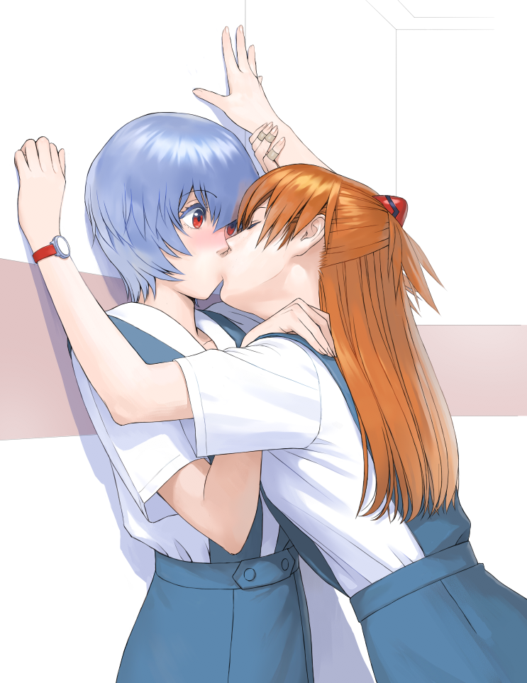 2girls against_wall arm_up ayanami_rei bandaid bandaid_on_finger bangs blue_hair blue_skirt blush brown_hair buttons colored_eyelashes commentary_request from_side hair_between_eyes hair_ornament hand_on_another's_shoulder hand_up kiss leaning_forward long_hair looking_at_another multiple_girls neon_genesis_evangelion pale_skin pleated_skirt profile red_eyes school_uniform shadow shirt short_hair short_sleeves skirt souryuu_asuka_langley standing surprise_kiss surprised suspender_skirt suspenders two_side_up upper_body wall_slam watanabe_yasuaki watch white_shirt wide-eyed wrist_grab wristwatch yuri
