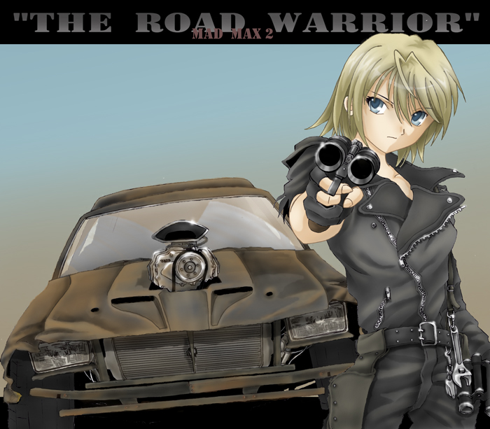 aiming_at_viewer car genderswap genderswap_(mtf) ground_vehicle gun holding holding_gun holding_weapon jacket leather leather_jacket mad_max mad_max_2:_the_road_warrior max_rockatansky may_(darkcore) motor_vehicle muscle_car pursuit_special sawed-off_shotgun shotgun solo weapon wrench