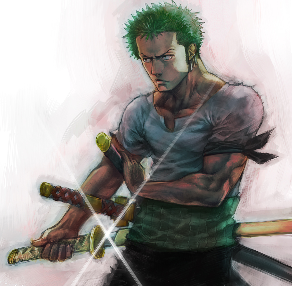 black_eyes boyaking green_hair haramaki katana male_focus muscle one_piece roronoa_zoro solo sword weapon