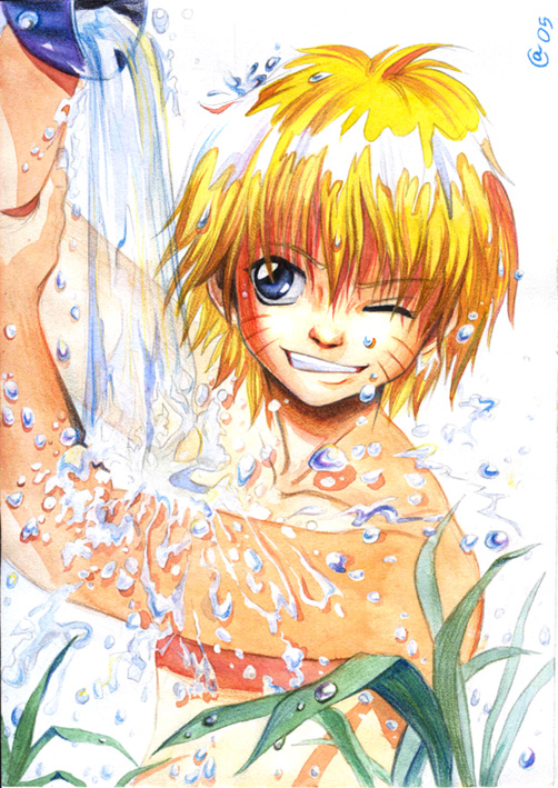 autumn_sacura bathing blonde_hair blue_eyes male naruto nude solo uzumaki_naruto water wet