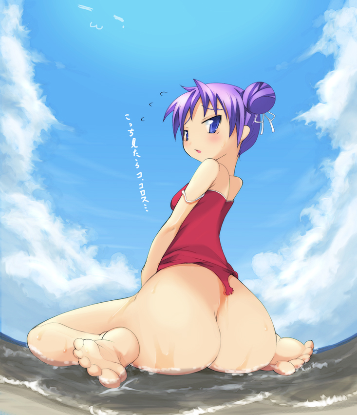 alternate_hairstyle ass barefoot blue_eyes blush bottomless braid cloud day hiiragi_kagami imazon lucky_star one-piece_swimsuit purple_hair sky soles solo swimsuit toes translated wardrobe_malfunction water