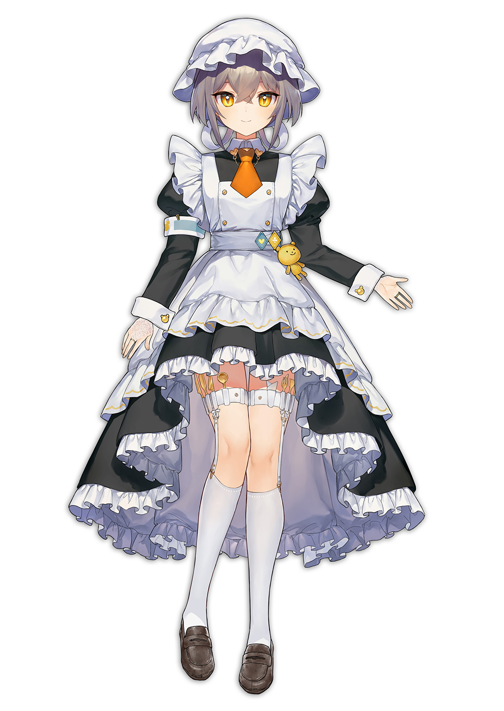 1girl ainy77 apron bangs black_dress black_footwear closed_mouth commentary_request dress eyebrows_visible_through_hair frilled_dress frills full_body grey_hair hat highres kneehighs loafers long_sleeves looking_at_viewer maid maid_apron maid_dress original puffy_sleeves shoes short_hair simple_background solo virtual_youtuber white_apron white_background white_headwear white_legwear yellow_eyes