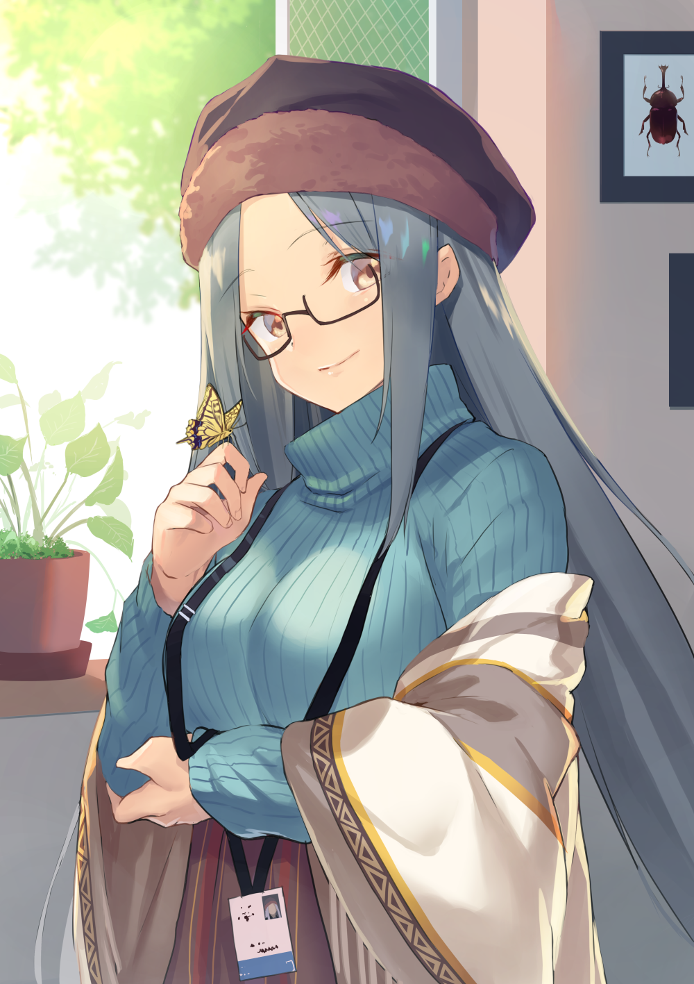 1girl azur_lane bangs black-framed_eyewear black_headwear blue_sweater breasts brown_eyes butterfly_on_hand closed_mouth commentary_request day eyebrows_visible_through_hair glasses hand_on_own_arm highres id_card indoors long_hair long_sleeves looking_at_viewer medium_breasts parted_bangs picture_(object) plant potted_plant semi-rimless_eyewear shangri-la_(azur_lane) shawl shimozuki_shio sidelocks silver_hair smile solo sweater turtleneck turtleneck_sweater under-rim_eyewear upper_body very_long_hair window