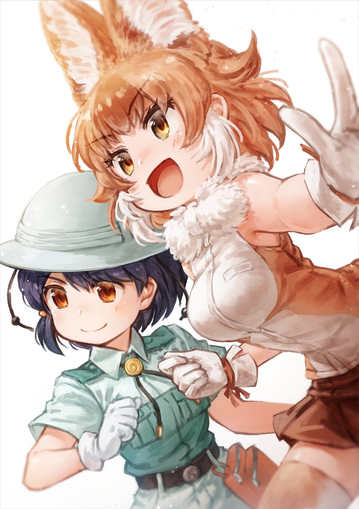 2girls :d animal_ears bangs belt black_belt black_hair blurry blurry_background bob_cut bolo_tie brown_eyes brown_hair brown_legwear brown_skirt captain_(kemono_friends) clenched_hand collared_shirt commentary dhole_(kemono_friends) dog_ears eyebrows_visible_through_hair foreshortening fur_collar gloves grey_headwear grey_shirt grey_shorts helmet highres kemono_friends_3 lain leaning_forward looking_to_the_side miniskirt multiple_girls open_mouth pith_helmet pleated_skirt shirt short_hair shorts simple_background skirt smile standing thighhighs white_background white_gloves white_shirt