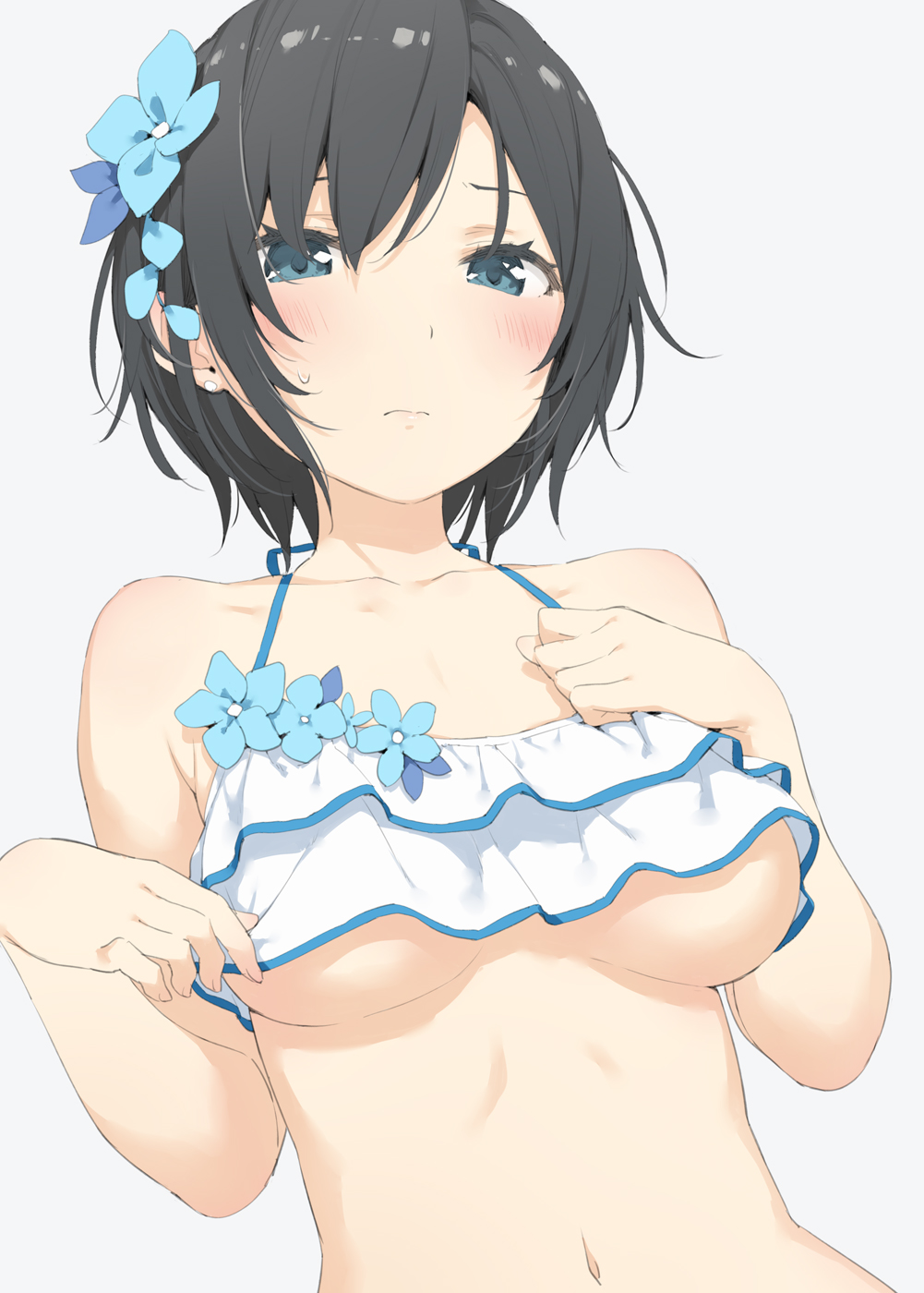 1girl bangs bare_arms bare_shoulders bikini bikini_day bikini_top black_hair blue_eyes blue_flower blush breasts closed_mouth collarbone commentary_request eyebrows_behind_hair flower grey_background hair_between_eyes hair_flower hair_ornament highres looking_at_viewer medium_breasts navel original peko simple_background solo sweat swimsuit underboob upper_body white_bikini