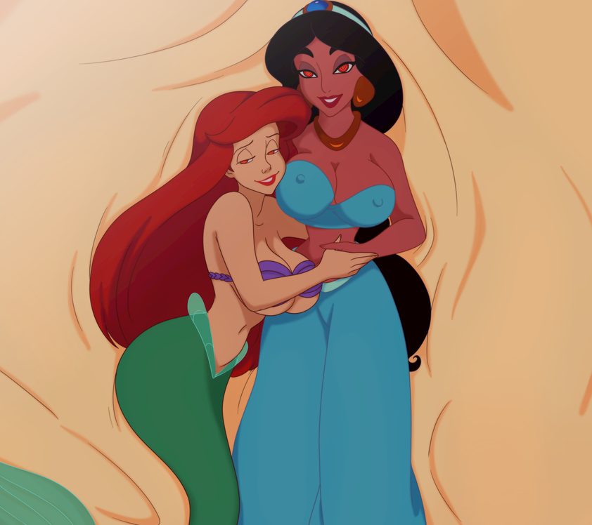 arabian ariel_(disney) bed big_breasts black_hair bra breasts clothing crown dark_skin disney disney's_aladdin erect_nipples female female/female furniture hair human inusen long_hair mammal marine merfolk nipples on_bed ponytail princess_jasmine_(aladdin) red_hair the_little_mermaid tiara underwear