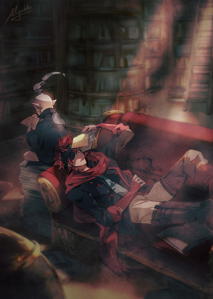 2boys black_jacket bookman bookshelf brown_pants couch d.gray-man eyepatch high_ponytail holding indoors jacket lavi library long_sleeves lying male_focus miyukiko multiple_boys on_back pants pointy_ears reading red_hair red_scarf scarf signature sitting spiked_hair
