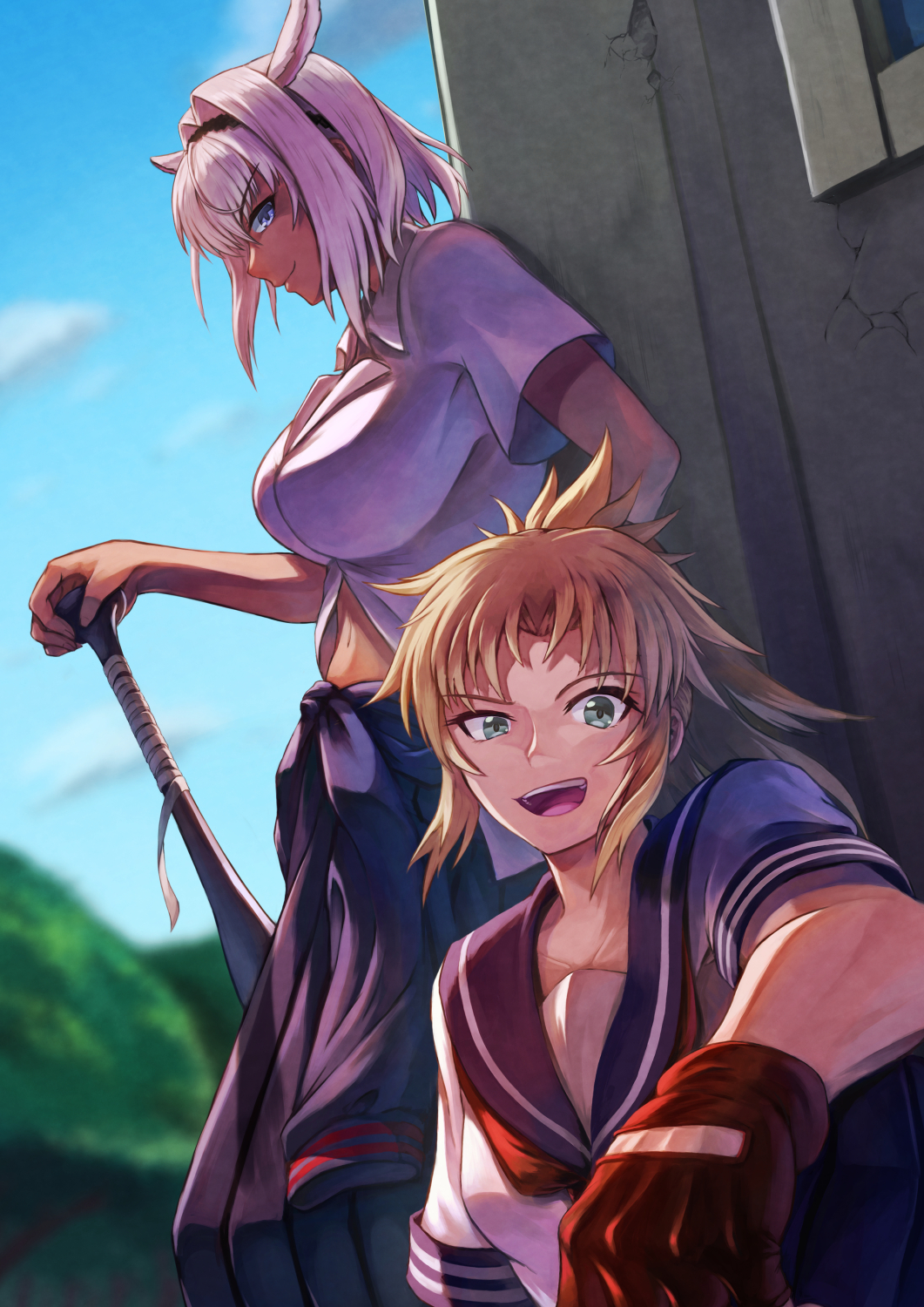 2girls animal_ears bangs bat blonde_hair blue_eyes breasts caenis_(fate) clothes_around_waist dark_skin daytime eyes_visible_through_hair fate/grand_order fate_(series) gloves green_eyes highres juunishi_aya large_breasts mordred_(fate) mordred_(fate)_(all) multiple_girls navel school school_uniform skirt small_breasts sukeban tomboy white_hair