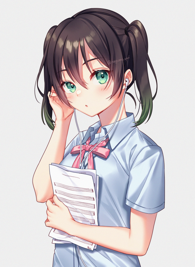 1girl :o black_hair blush cable collared_shirt commentary earphones eyebrows_visible_through_hair eyelashes green_eyes green_hair grey_background hair_between_eyes hand_on_ear hand_up holding_sheet looking_at_viewer love_live! love_live!_school_idol_festival_all_stars medium_hair moyui_(myi_005) multicolored_hair neck_ribbon paper pink_neckwear pink_ribbon ribbon sheet_music shirt short_sleeves sidelocks simple_background solo takasaki_yuu twintails twitter_username two-tone_hair upper_body white_shirt