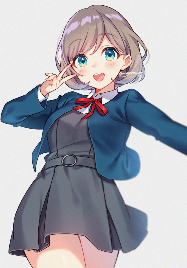 1girl aqua_eyes bangs belt blue_jacket blurry blush bob_cut breasts collared_shirt commentary_request cowboy_shot depth_of_field dress eyebrows_visible_through_hair eyelashes grey_background grey_dress hand_up hello!!!_love_live! jacket light_brown_hair long_sleeves looking_at_viewer love_live! medium_breasts moyui_(myi_005) neck_ribbon open_mouth outstretched_arm parted_bangs pleated_dress red_neckwear red_ribbon ribbon round_teeth school_uniform shiny shiny_hair shirt short_hair simple_background solo standing tang_keke teeth twitter_username upper_teeth v v_over_eye white_shirt yuigaoka_school_uniform