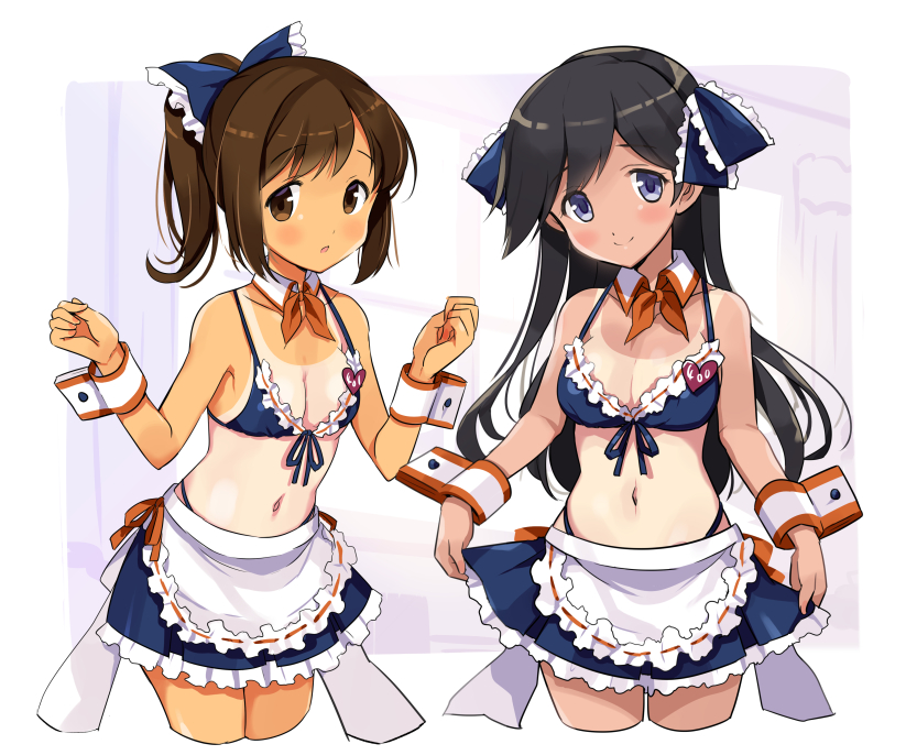 2girls alternate_costume apron bikini black_hair blue_bikini blue_skirt blush breasts brown_eyes brown_hair cleavage collarbone cropped_legs detached_collar enmaided eyebrows_visible_through_hair hair_between_eyes i-400_(kantai_collection) i-401_(kantai_collection) kantai_collection long_hair maid maid_bikini multiple_girls navel odawara_hakone one-piece_tan parted_lips pleated_skirt ponytail purple_eyes short_hair skirt small_breasts smile swimsuit tan tanline white_apron wrist_cuffs