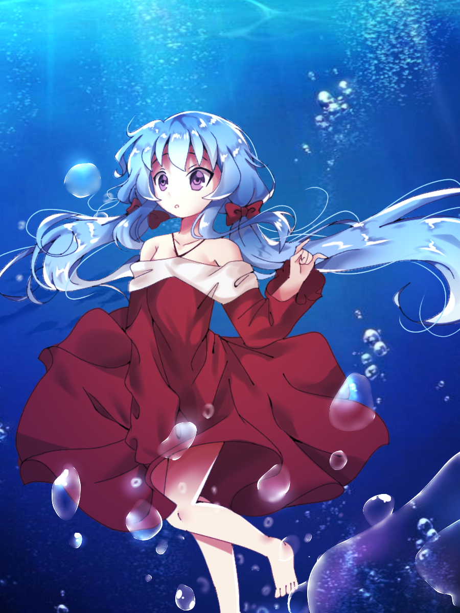 artist_name bare_shoulders barefoot beyblade beyblade:_burst blue_hair breasts bubble_background chankyone character_name collarbone dress highres legs long_dress long_hair nishiro_nya ocean open_eyes purple_eyes red_dress short_twintails small_breasts twintails underwater