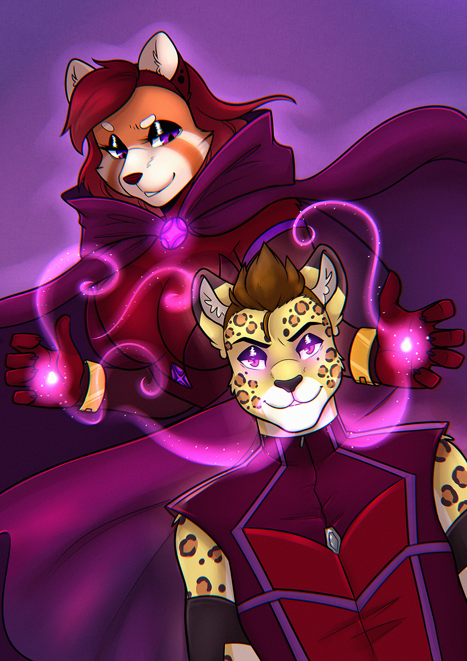 ailurid anthro ash_(ashkelling) brown_hair clothed clothing duo felid feline female fur hair hi_res hypnosis leopard looking_at_viewer male male/female mammal mind_control pantherine red_body red_fur red_hair red_panda rose_red_(scarlet-frost) scarlet-frost simple_background smile spots