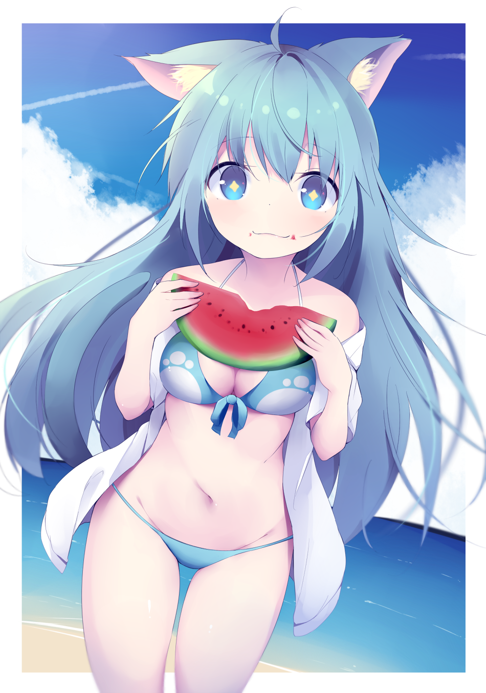 1girl ahoge animal_ear_fluff animal_ears bangs bare_shoulders bikini blue_bikini blue_eyes blue_hair blush breasts cat_ears cat_girl cat_tail cleavage day eyebrows_visible_through_hair food food_on_face fruit groin hair_between_eyes hands_up highres holding holding_food horizon kyuukon_(qkonsan) long_hair medium_breasts navel ocean off_shoulder open_clothes open_shirt original shirt short_sleeves solo standing swimsuit tail tail_raised very_long_hair water watermelon white_shirt