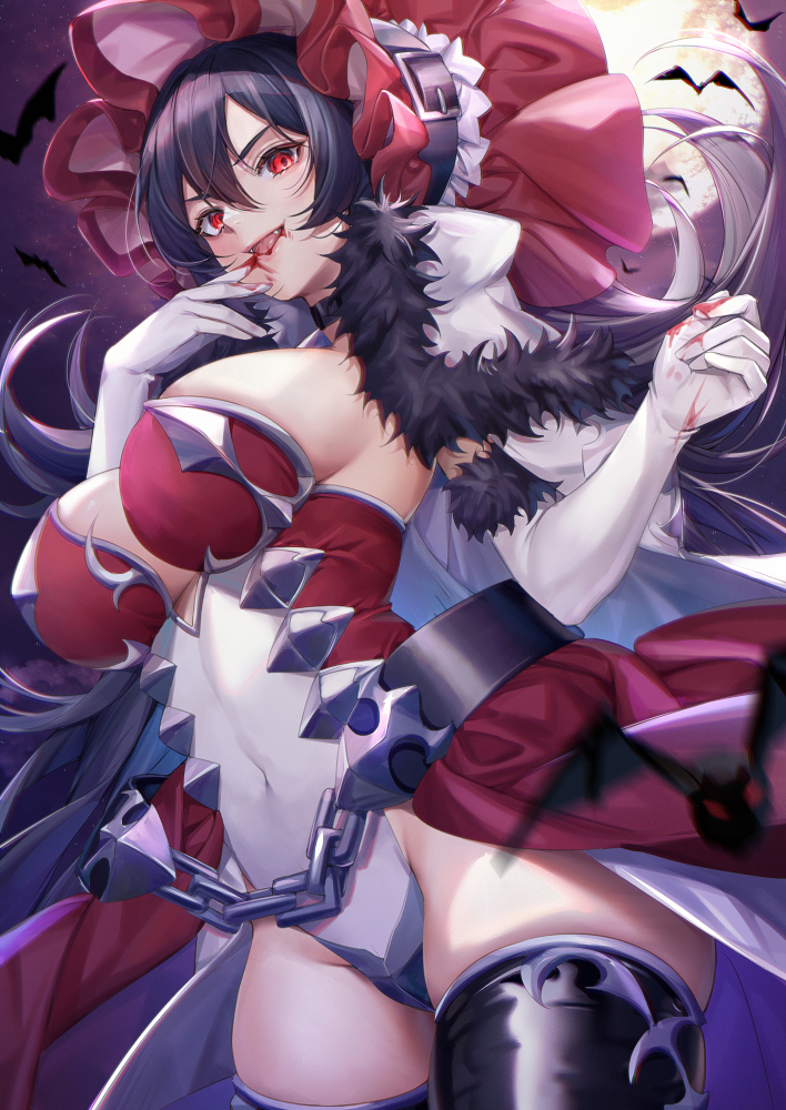 1girl bat black_hair black_legwear blood blood_on_face breasts chain choker covered_navel cowboy_shot elbow_gloves fangs flipped_hair full_moon fur_trim gloves hair_between_eyes hand_to_own_mouth hat ilya_(princess_connect!) large_breasts leotard long_hair mamemena moon night night_sky outdoors princess_connect! princess_connect!_re:dive red_eyes sky smile solo thighhighs tongue tongue_out very_long_hair white_gloves