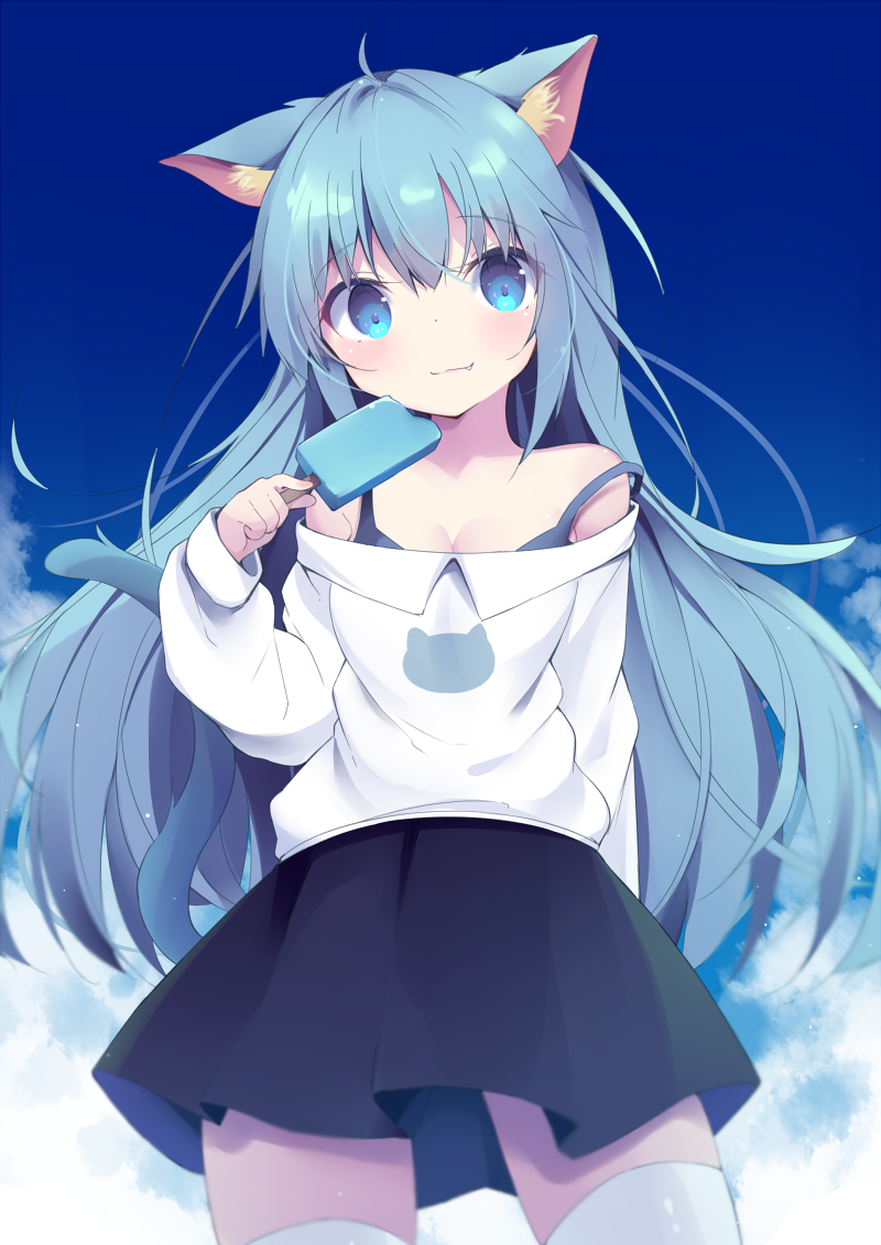 1girl animal_ear_fluff animal_ears bangs bare_shoulders black_skirt blue_eyes blue_hair blue_sky breasts cat_ears cat_girl cat_tail cleavage closed_mouth cloud day eyebrows_visible_through_hair fang fang_out food hair_between_eyes holding holding_food kyuukon_(qkonsan) long_hair off-shoulder_shirt off_shoulder original outdoors pleated_skirt popsicle shirt skirt sky small_breasts smile solo standing tail tail_raised thighhighs very_long_hair white_legwear white_shirt