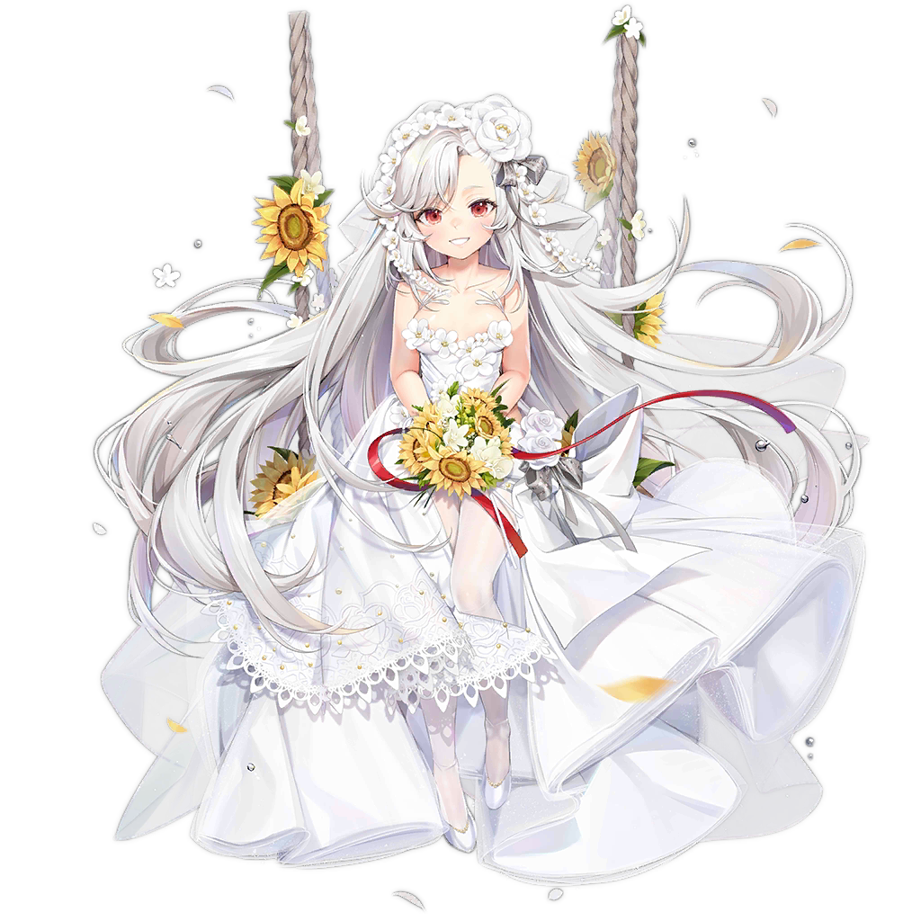 1girl all_fours alternate_costume arm_support bangs bare_shoulders blush breasts bridal_veil collarbone dress flower from_behind full_body girls_frontline gun hair_between_eyes hair_flower hair_ornament handgun long_hair looking_at_viewer looking_back makarov_(girls_frontline) mamemena medium_breasts no_shoes official_art pantyhose petals red_eyes solo sunflower torn_clothes torn_dress torn_legwear transparent_background trigger_discipline veil very_long_hair weapon white_dress white_hair white_legwear