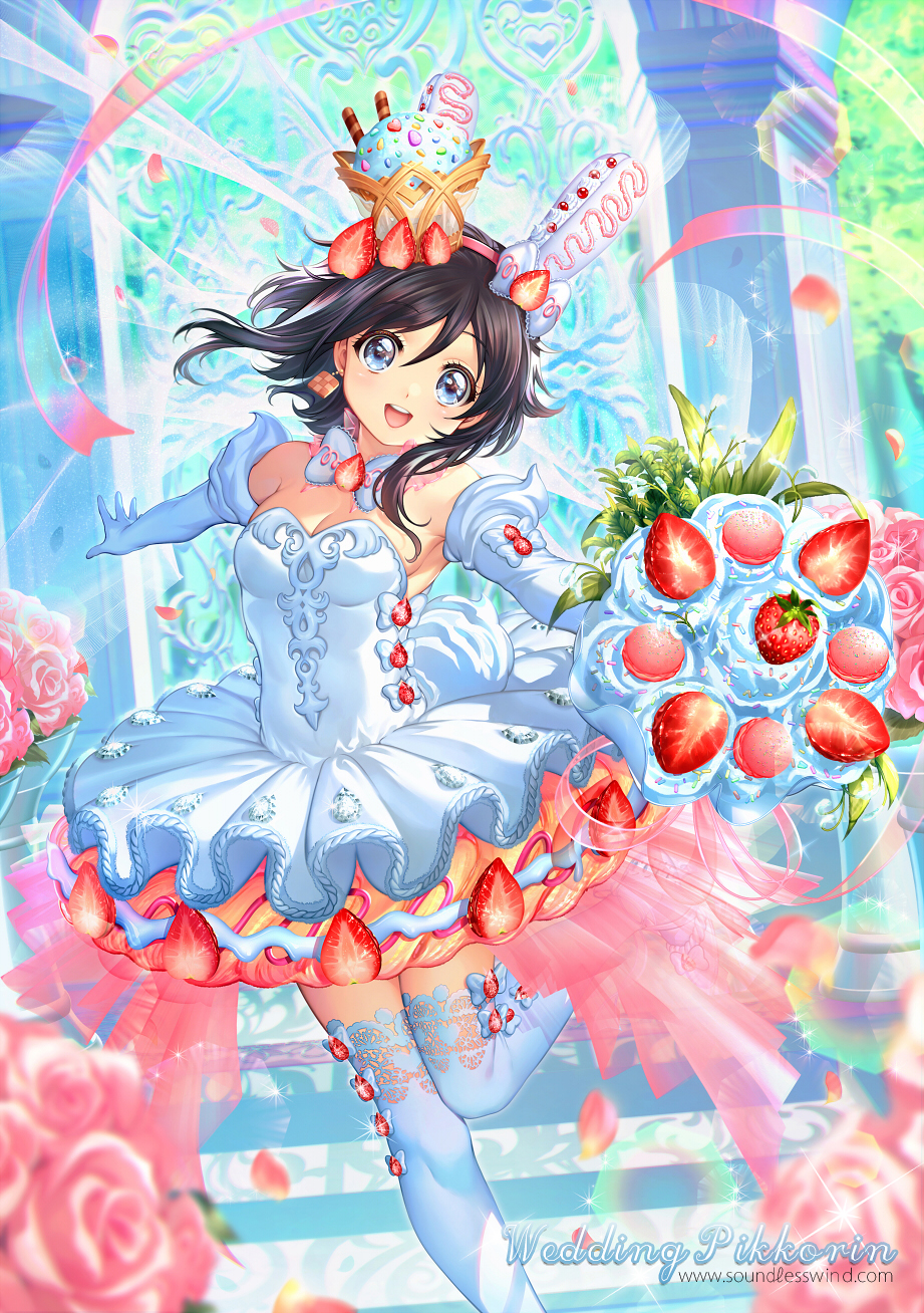 1girl :d armpits black_hair blue_eyes blurry bouquet bow bowtie breasts character_name collar depth_of_field dress earrings elbow_gloves eyebrows_visible_through_hair flower food food_themed_clothes food_themed_hair_ornament fruit gem glint gloves hair_ornament hairband highres holding holding_bouquet ice_cream jewelry kaze-hime leg_up lens_flare looking_at_viewer medium_hair open_mouth original outstretched_arms pikkorin_bunny_(kaze-hime) pink_flower pink_hairband pink_ribbon pink_rose ribbon rose small_breasts smile solo sprinkles standing standing_on_one_leg strapless strapless_dress strawberry thighhighs tutu watermark web_address white_bow white_dress white_gloves white_legwear white_neckwear