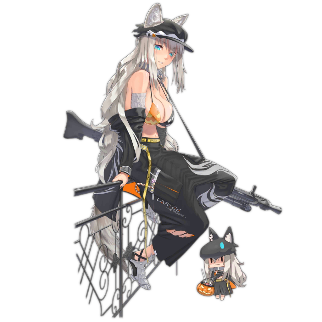 1girl alternate_costume alternate_hair_color animal_ears bandaged_arm bandages bangs belt bikini bikini_top black_headwear black_pants blue_eyes blush breasts candy candy_cane chain collar covered_nipples ears_through_headwear fang fence fingernails food full_body girls_frontline grin gun halloween halloween_costume hat jacket large_breasts long_fingernails long_hair machine_gun mg3 mg3_(girls_frontline) nail_polish off_shoulder official_art pants pocket silver_hair sitting smile solo swimsuit tail torn_clothes torn_pants touko_(kira2yue) transparent_background weapon