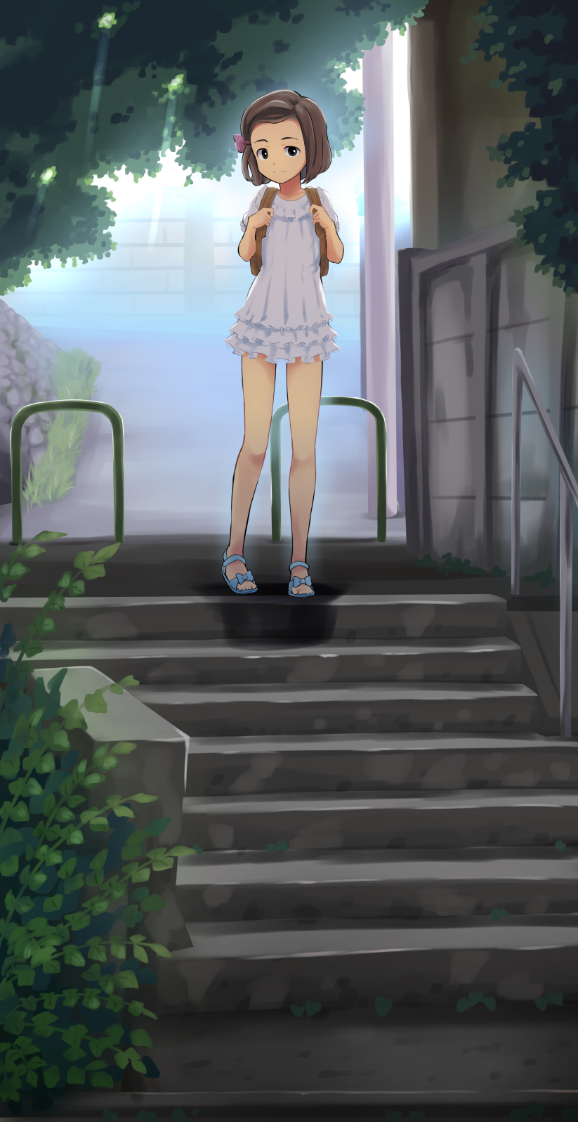 1girl backpack bag brown_eyes brown_hair commentary_request dress forehead frilled_dress frills full_body hair_ornament highres legs original outdoors qm railing sandals short_dress short_hair short_sleeves solo stairs toes tree white_dress