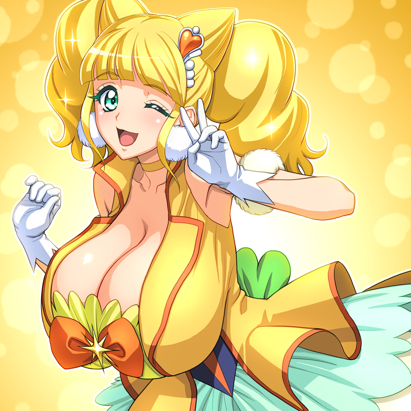 1girl armpits bangs blonde_hair blunt_bangs breasts choker cleavage collarbone cure_sparkle dress eyebrows_visible_through_hair gloves green_eyes hair_ears healin'_good_precure hiramitsu_hinata huge_breasts leaning_forward magaki_ryouta one_eye_closed precure solo twintails upper_body v white_gloves yellow_background yellow_choker yellow_dress