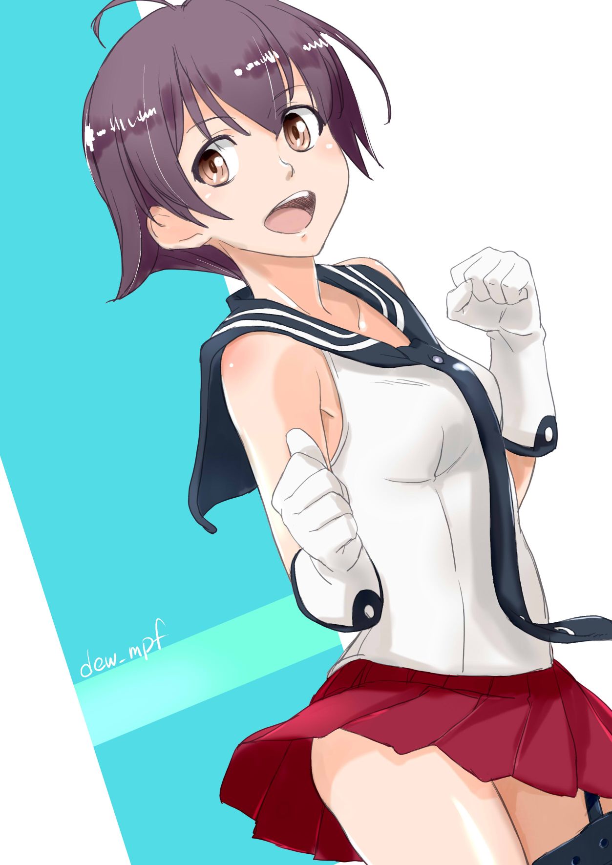 1girl black_neckwear black_sailor_collar breasts brown_eyes commentary_request cowboy_shot gloves highres kantai_collection kote_(dew) neckerchief open_mouth purple_hair red_skirt sailor_collar sakawa_(kantai_collection) shirt short_hair skirt sleeveless sleeveless_shirt small_breasts smile solo upper_teeth white_gloves