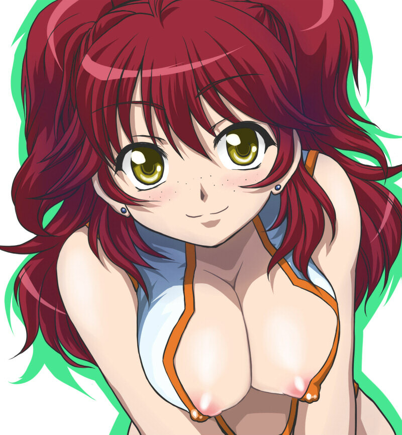 blush breast_squeeze breasts freckles gundam gundam_00 large_breasts nanamo_(002a) nena_trinity nipple_slip nipples red_hair solo two_side_up yellow_eyes