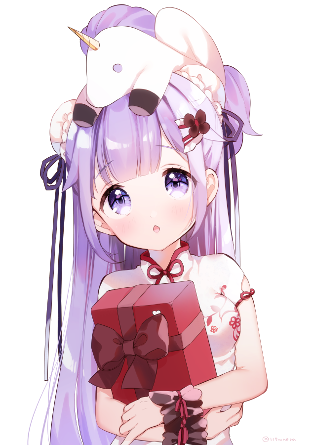 1girl azur_lane bangs black_ribbon blush box breasts bun_cover chestnut_mouth china_dress chinese_clothes commentary_request double_bun dress eyebrows_visible_through_hair gift gift_box hair_ribbon head_tilt looking_at_viewer maeha medium_breasts object_hug on_head parted_lips purple_eyes purple_hair ribbon short_sleeves simple_background solo stuffed_alicorn stuffed_animal stuffed_toy unicorn_(azur_lane) unicorn_(spring's_present)_(azur_lane) upper_body white_background white_dress wrist_cuffs