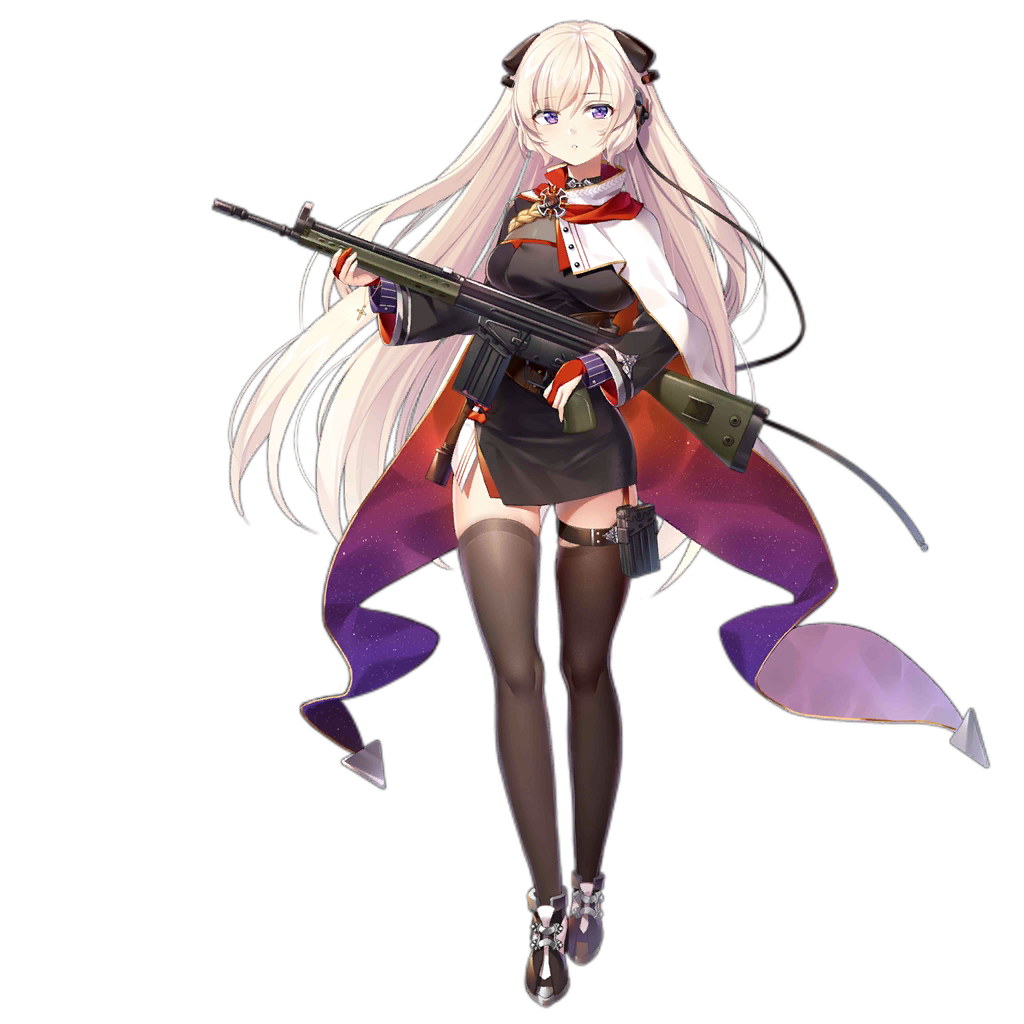 1girl :o alternate_costume bangs battle_rifle black_dress blonde_hair blush breasts brown_footwear brown_legwear cape dress eyebrows_visible_through_hair full_body g3_(girls_frontline) girls_frontline gloves gun h&amp;k_g3 hair_between_eyes head_tilt headset holding holding_gun holding_weapon iron_cross long_hair long_sleeves looking_at_viewer medium_breasts mod3_(girls_frontline) official_art parted_lips partly_fingerless_gloves philomelalilium purple_eyes red_gloves rifle shoes skindentation solo standing striped thighhighs transparent_background vertical_stripes very_long_hair weapon white_cape