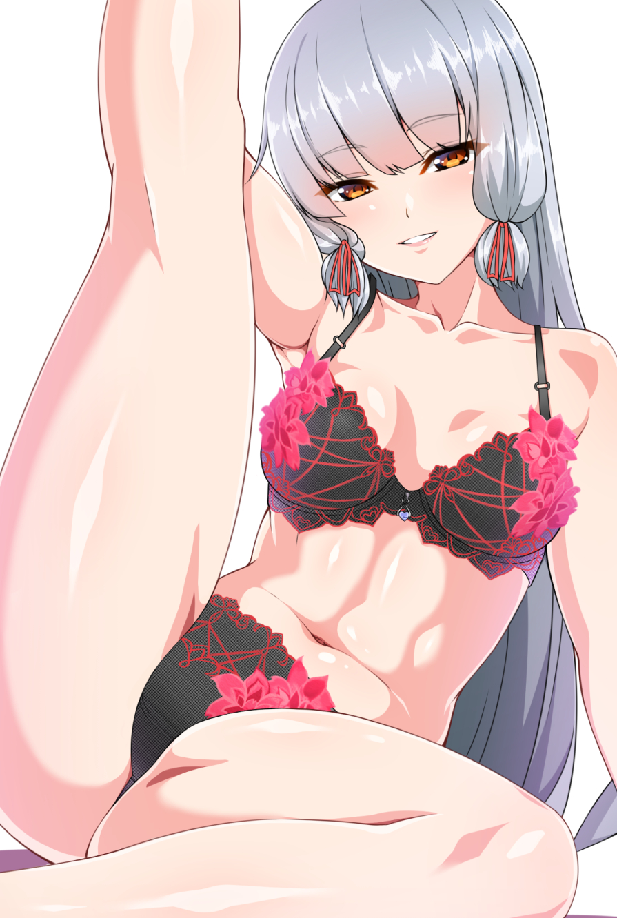 1girl black_bra black_panties bra commentary_request hair_ribbon highres jito_mesuki_nitouhei kantai_collection leg_up long_hair looking_at_viewer murakumo_(kantai_collection) orange_eyes panties parted_lips ribbon sidelocks silver_hair simple_background sitting solo tress_ribbon underwear underwear_only white_background