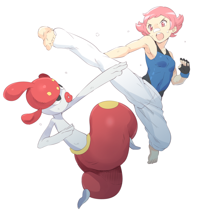 1girl :o artist_request bandaid barefoot clenched_hand drawfag fingerless_gloves gen_3_pokemon gloves gym_leader jump_kick jumping kicking medicham open_mouth pink_eyes pink_hair pokemon pokemon_(creature) pokemon_(game) pokemon_dppt short_hair simple_background sumomo_(pokemon) sweatdrop white_background