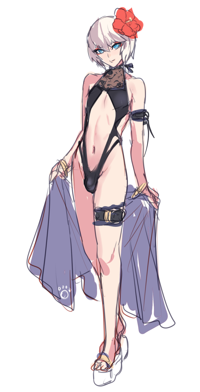 1boy ban blue_eyes bracelet bulge flower full_body hair_flower hair_ornament halterneck highres jewelry looking_at_viewer navel original platform_footwear sarong see-through sketch solo swimsuit thigh_strap white_hair