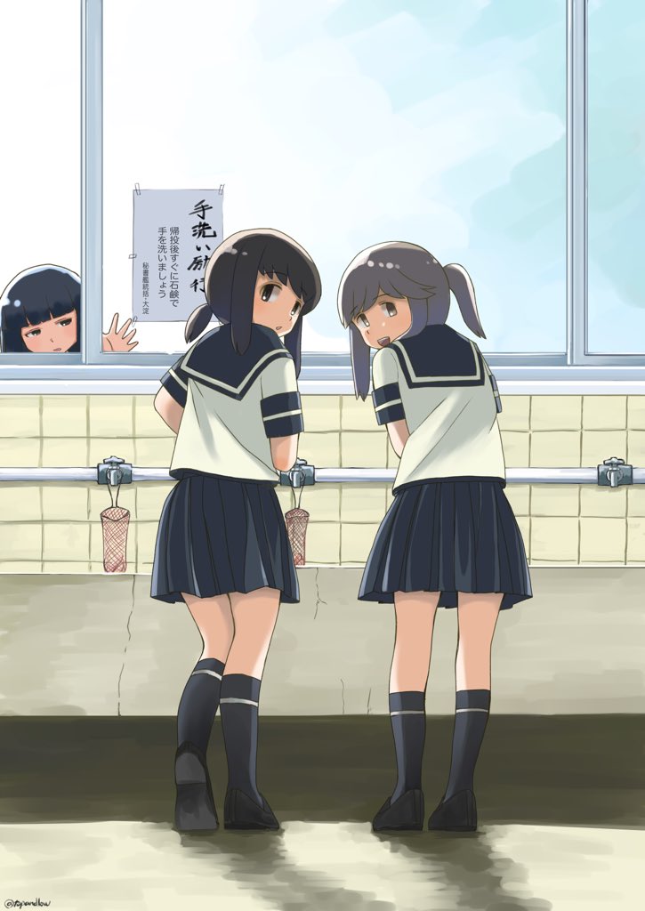 3girls bangs black_hair black_legwear blue_skirt blunt_bangs brown_eyes faucet from_behind fubuki_(kantai_collection) grey_hair hatsuyuki_(kantai_collection) hime_cut indoors kantai_collection kneehighs long_hair looking_at_viewer multiple_girls pleated_skirt sailor_collar school_uniform serafuku shoes short_sleeves sink skirt toplow twitter_username usugumo_(kantai_collection) uwabaki window