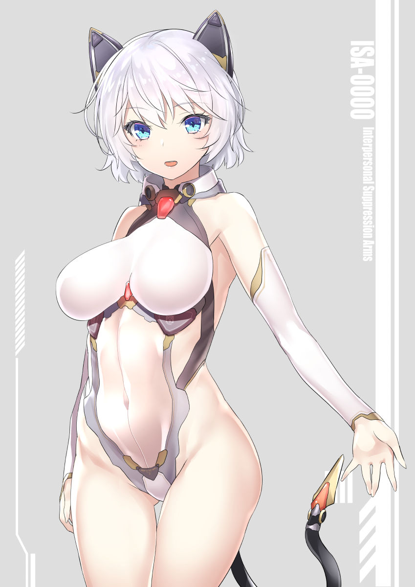 1girl 47agdragon animal_ears ass_visible_through_thighs bangs bare_shoulders blue_eyes blush breasts covered_navel cowboy_shot detached_sleeves eyebrows_visible_through_hair fake_animal_ears grey_background groin hair_between_eyes headgear highleg highleg_leotard highres large_breasts leotard long_sleeves original parted_lips short_hair silver_hair solo tail thigh_gap two-tone_background white_background white_leotard white_sleeves