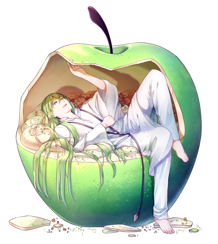 1other androgynous apple arm_up bangs barefoot cleavage_cutout dkfm50 enkidu_(fate/strange_fake) fate/grand_order fate/strange_fake fate_(series) food from_side fruit full_body green_hair hair_between_eyes long_hair long_sleeves looking_up lying on_back open_mouth robe smile solo very_long_hair white_robe wide_sleeves yellow_eyes